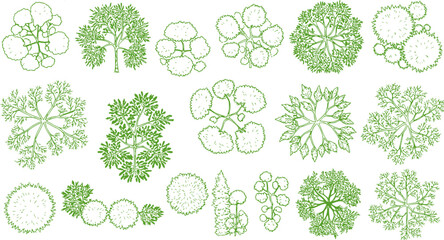 Tree top view outline collection, diverse foliage patterns, ideal for architectural plans, landscape designs, urban planning botanical illustrations, and garden