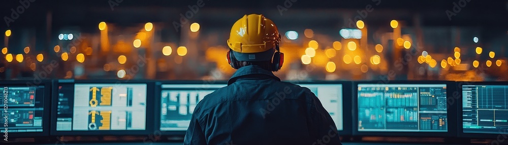 Poster hyper-realistic depiction of an executive monitoring technology in a control room with vibrant light