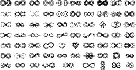 Infinity symbols collection, black infinity vector illustrations on white background. Perfect for logo design, branding, and mathematical representation. Various styles, from classic to artistic 