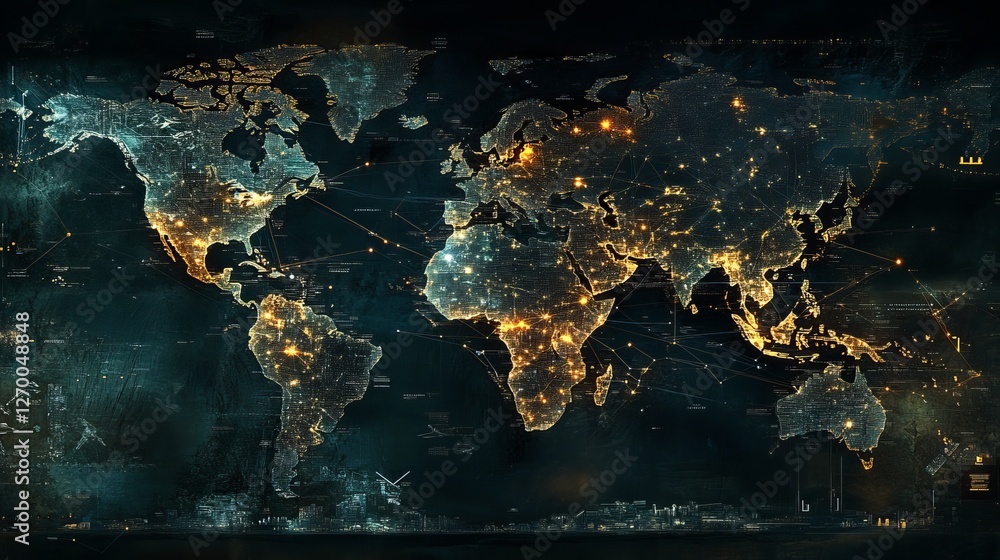 Poster global network connections illuminated world map digital art abstract technology background futurist