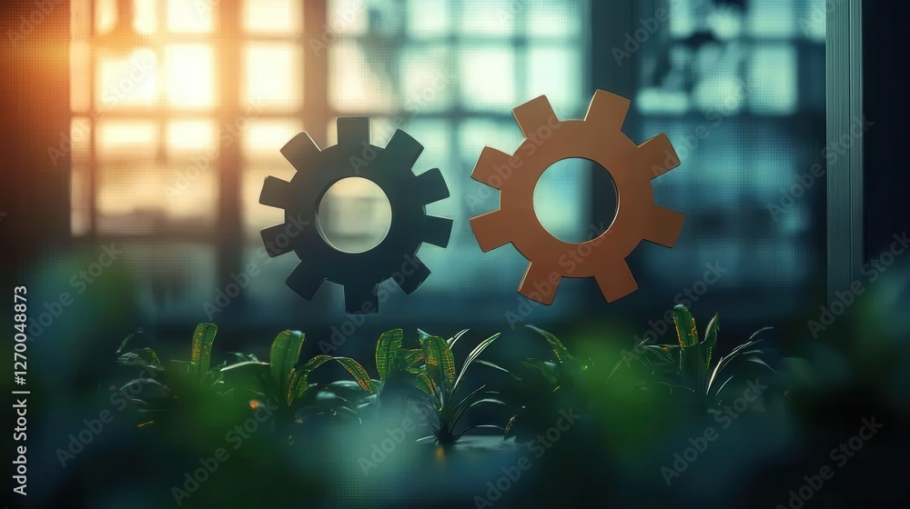 Poster modern flat design illustration of gears with soft focus background and greenery in total quality ma