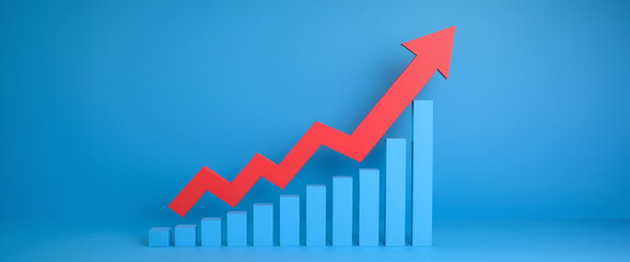 A clean and modern 3D illustration showing a rising graph with red arrows and blue bars on a blue background, symbolizing growth, progress, success, and business development.