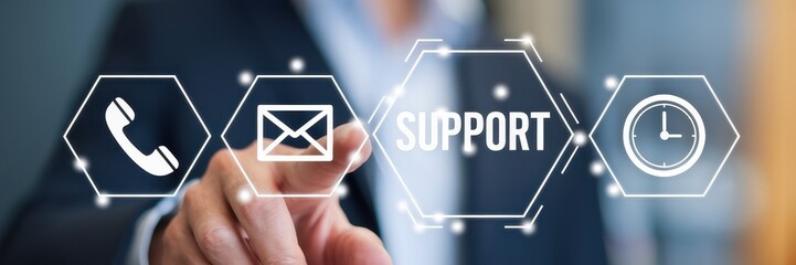 Hand interacting with digital support icons for assistance options