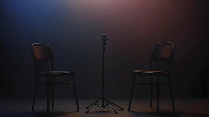 two chairs and microphones in podcast or interview room isolated on dark background as a wide banner for media conversations or podcast streamers concepts with copy space