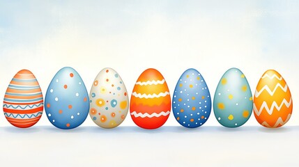 Fototapeta premium Brightly decorated easter eggs arranged in perfect row on light blue background, watercolor 