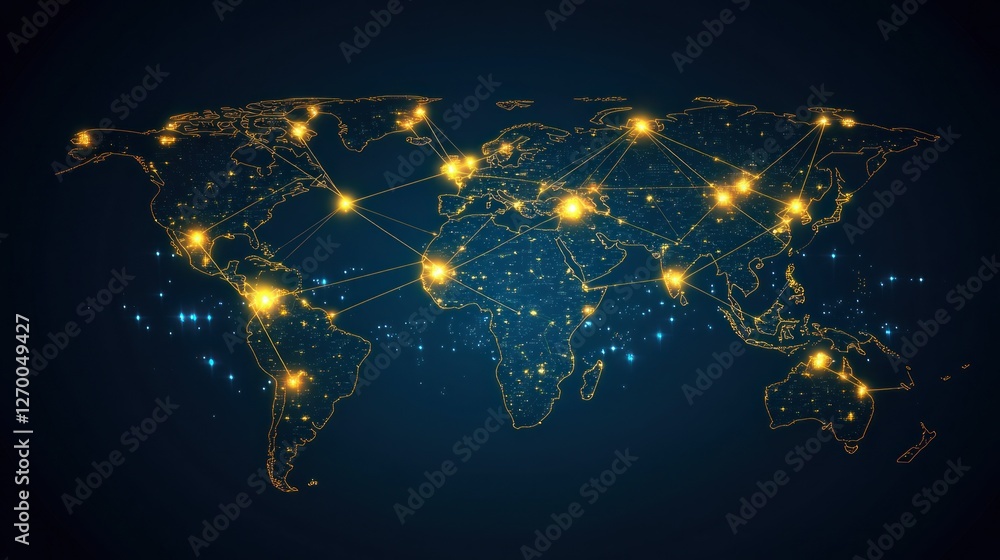 Poster global network connection, world map with glowing nodes and connections