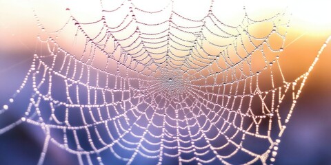Breathtaking view of intricate spider web with sparkling dewdrops, set against the backdrop of twilight.