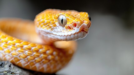 Fototapeta premium Vibrant orange viper snake coiled on a rock in its natural habitat.