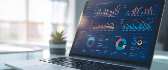 Close-up of a modern laptop displaying colorful traffic analytics graphs and data charts in a business and technology environment.