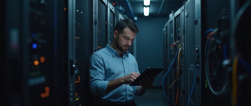 Focused Adult IT Professional Working in Server Room - Powered by Adobe