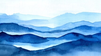 Obraz premium Blue misty mountain range watercolor painting, serene landscape, background, art