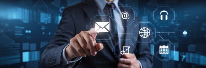 Businessman interacts with a virtual interface of different communication options