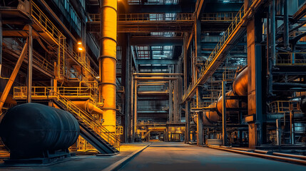 Naklejka premium Industrial Interior: A captivating view of a factory's inner workings, showcasing its complex machinery and infrastructure.