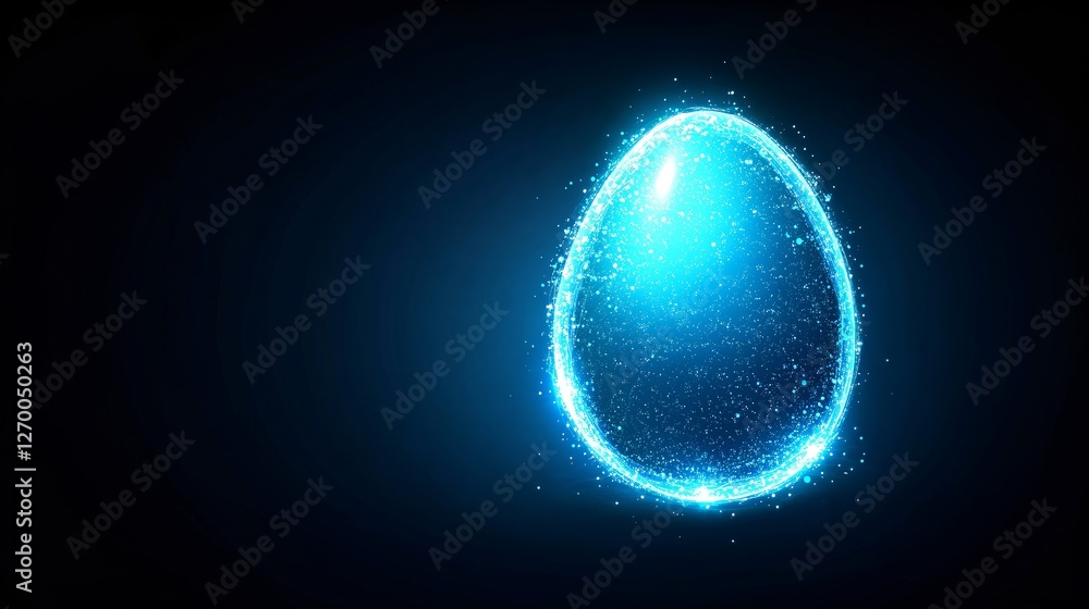 Poster glowing blue digital egg shape with neon particles effect on dark background with copy space. abstra