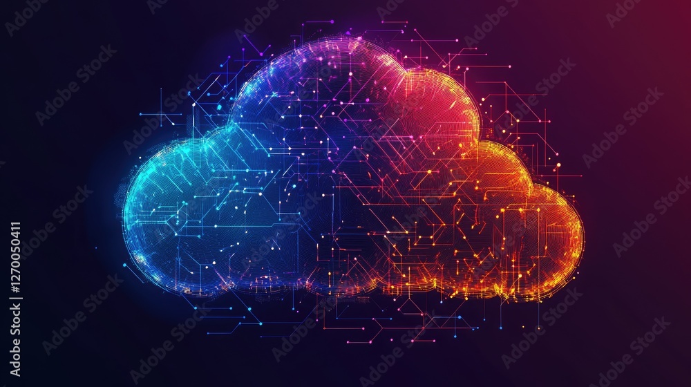 Poster cloud computing infrastructure with interconnected data nodes, representing ai-driven business intel