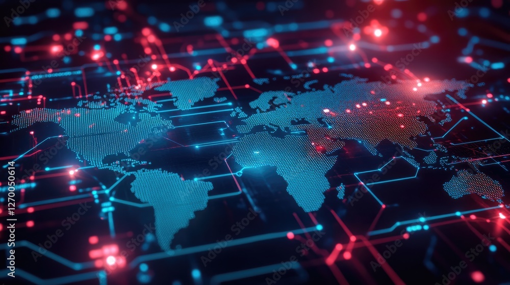 Poster cross-border digital payments, futuristic world map glowing with secure transaction lines.