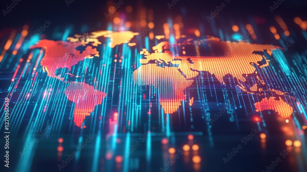 Poster cross-border digital payments, futuristic world map glowing with secure transaction lines.