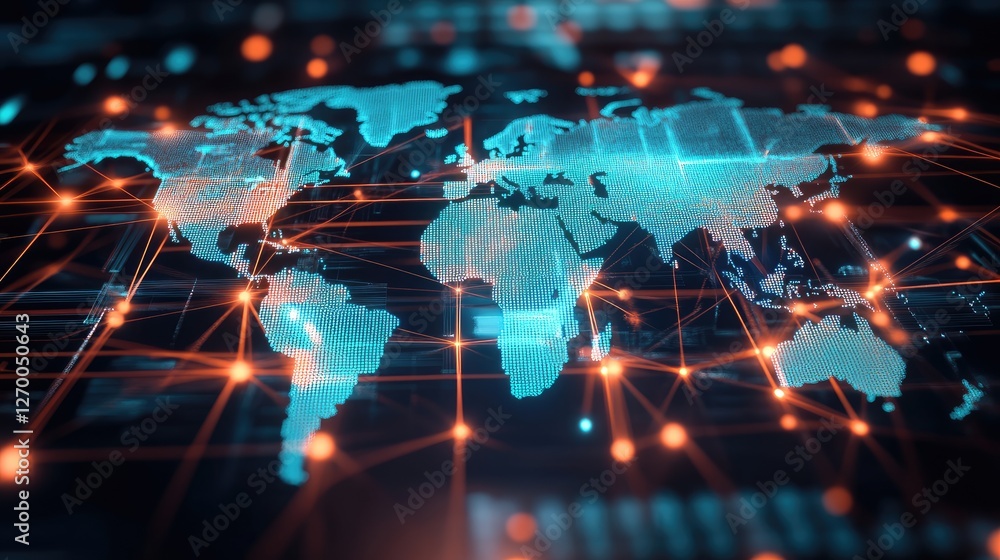 Poster cross-border digital payments, futuristic world map glowing with secure transaction lines.