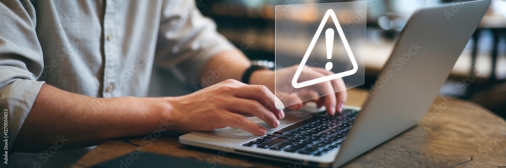 Poster man typing on laptop with a warning notification appearing
