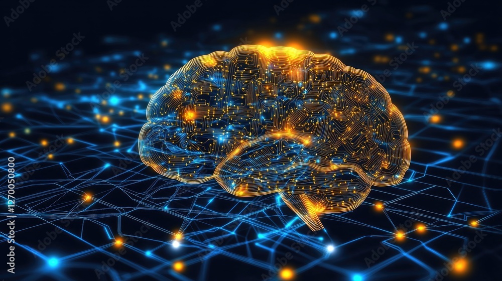 Poster cybersecurity and encrypted data transfer visualization with high-tech glowing ai circuits.