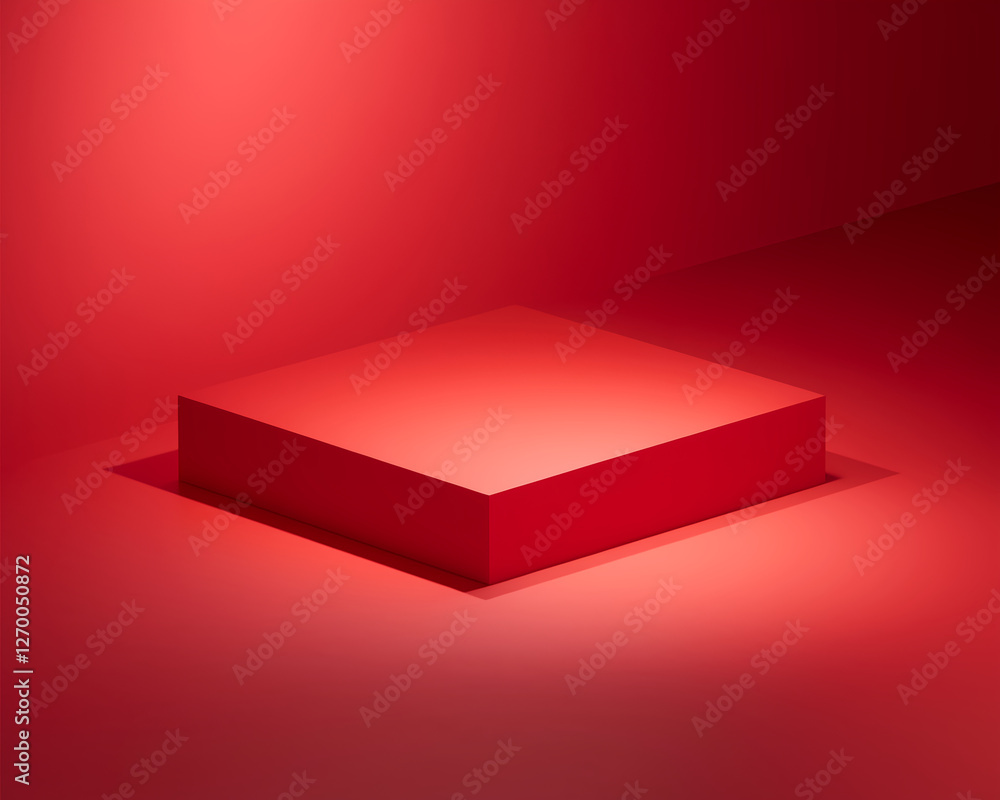 Poster a polished 3d rendering of a raised red platform on a matching red background, showcasing a minimali