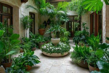 Fototapeta premium Lush indoor garden with various plants and a stone fountain. Tranquil and serene.