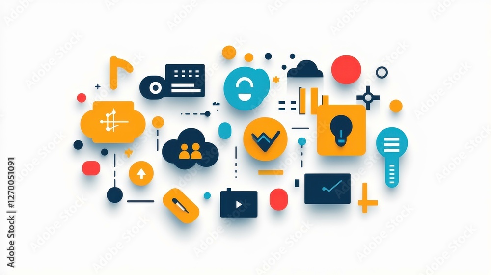 Poster explore the future of connectivity with vivid, flat icons illustrating the internet of things and ne