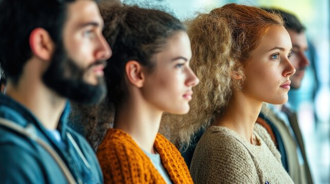 Professional team meeting, looking at the camera with focused expressions.