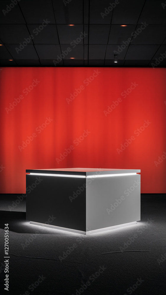 Poster a modern high-quality image of a illuminated white rectangular pedestal with subtle lighting in a da