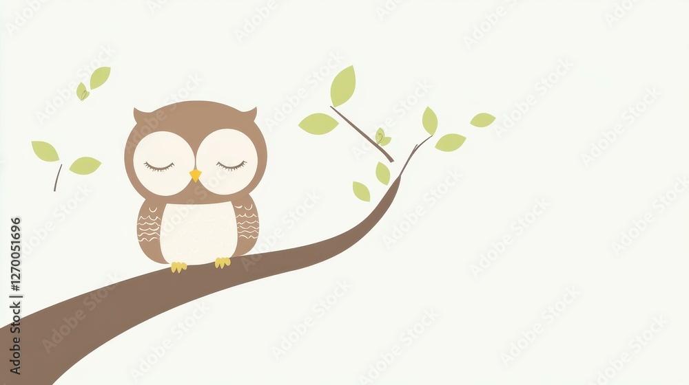 Poster a serene owl perched on a tree branch, rendered in a minimalist flat design with soft pastel hues an