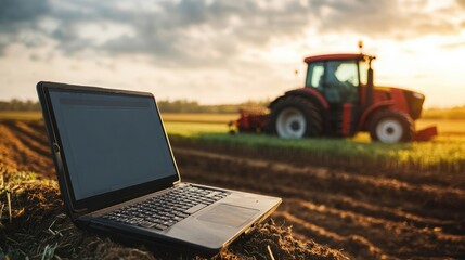 Data-driven precision agriculture on a laptop, with a large tractor working in the background.