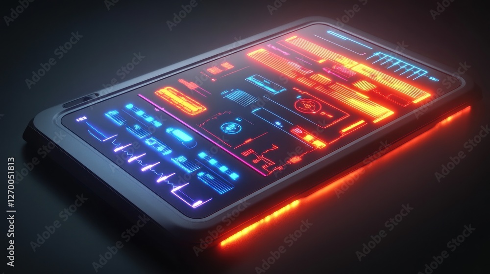 Poster futuristic tablet interface with glowing data visualization display