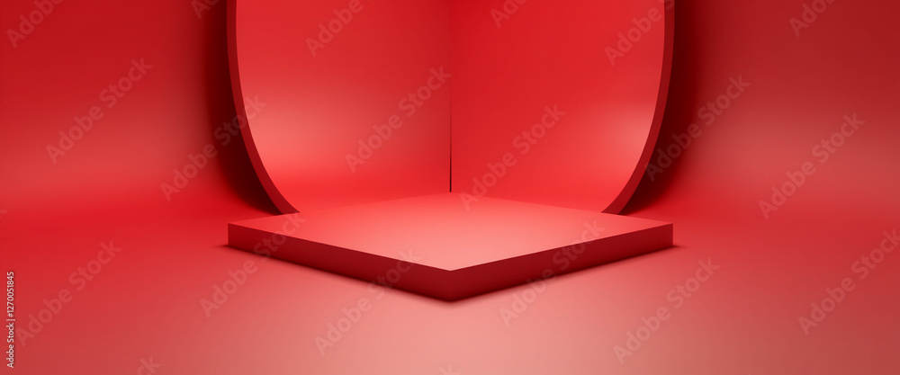 Poster a simple yet elegant scene featuring a raised red rectangular pedestal illuminated with soft light i