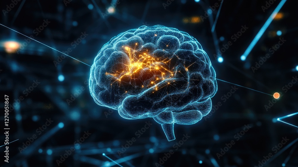 Poster deep learning neural network visualization with futuristic glowing ai technology.