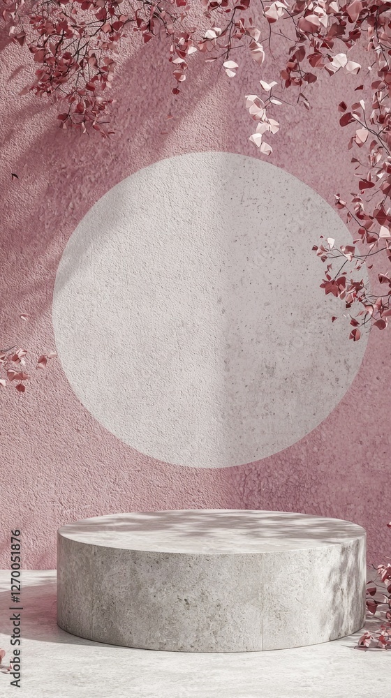 Poster a serene setting showcases a round podium nestled in a gentle pastel landscape. surrounding foliage 