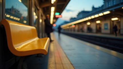 Naklejka premium Peaceful Evening Train Platform with Yellow Bench
