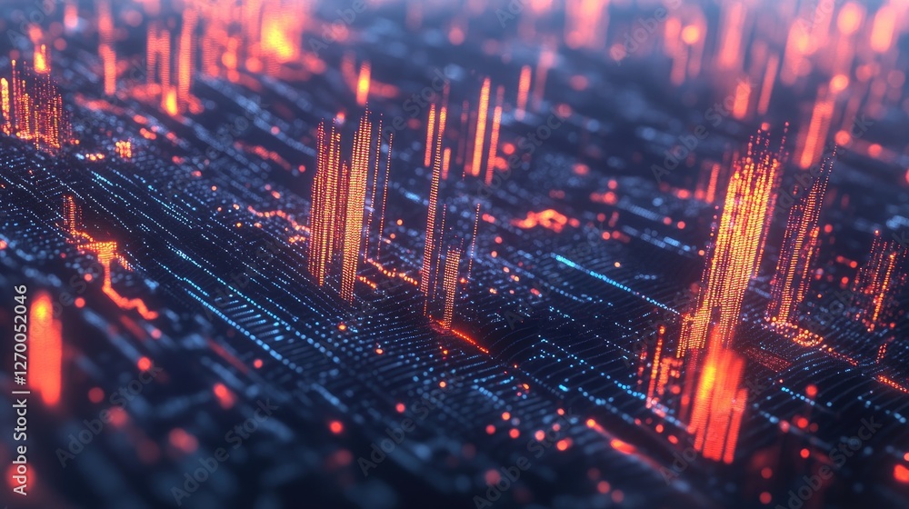 Poster digital cloud server farm with glowing ai-driven networking and advanced data visualization.