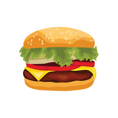 Vector illustration of hamburger in cartoon flat style. Burger or sandwich ingredients set. Cartoon restaurant food menu with tasty beef cutlet and chorizo bacon, slices of cheddar, and vegetables