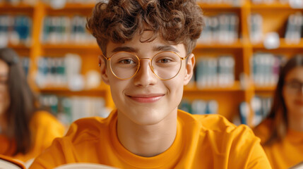 A vibrant mix of college students engaged in study sessions, sharing knowledge and ideas in the librarys calm space.