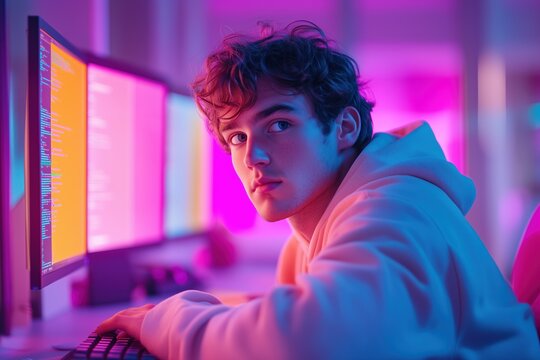 Vibrant coder focuses on debugging pastel colored code in a modern workspace