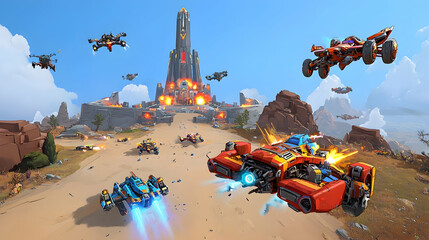 Futuristic hovercraft racing desert battle game promotional art