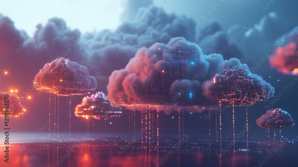 Poster digital transformation concept with cloud networks, ai-driven algorithms, and futuristic data connec