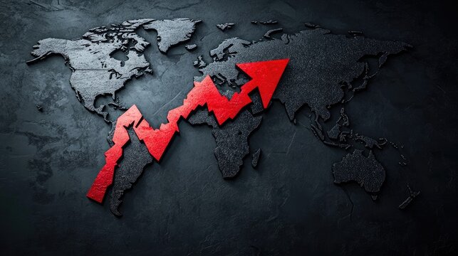 Dramatic financial downturn represented by a red arrow piercing through a darkened global map, symbolizing economic struggles worldwide