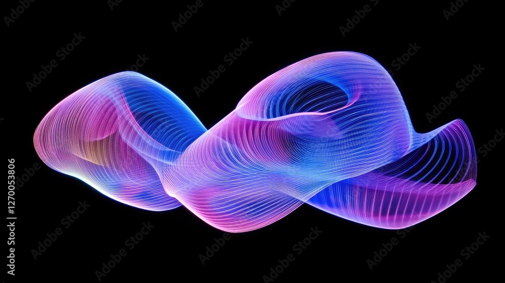 Poster dynamic abstract light trails in neon pink and blue, forming smooth flowing wave patterns.