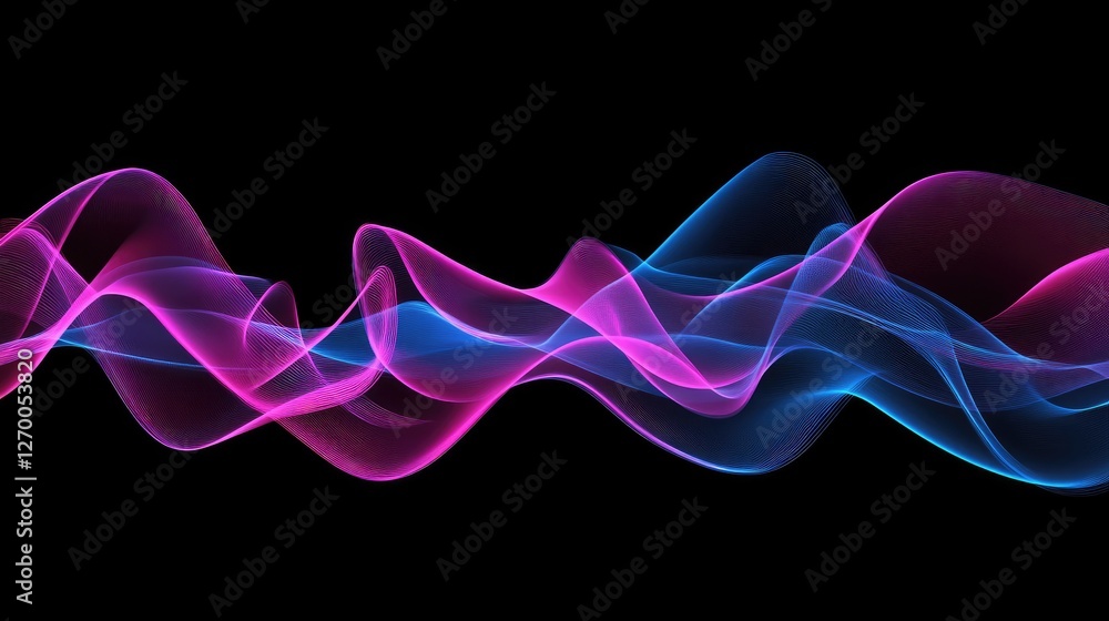 Poster dynamic abstract light trails in neon pink and blue, forming smooth flowing wave patterns.
