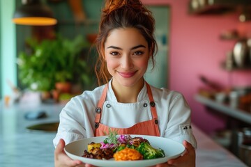 Passionate chef creates vibrant and elegant dish in a colorful kitchen setting