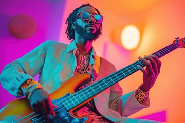 Obraz premium Vibrant bassist performing passionately in colorful setting at an urban venue