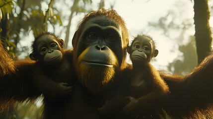 Orangutan mother cradles twins in sun-dappled rainforest, conservation campaign