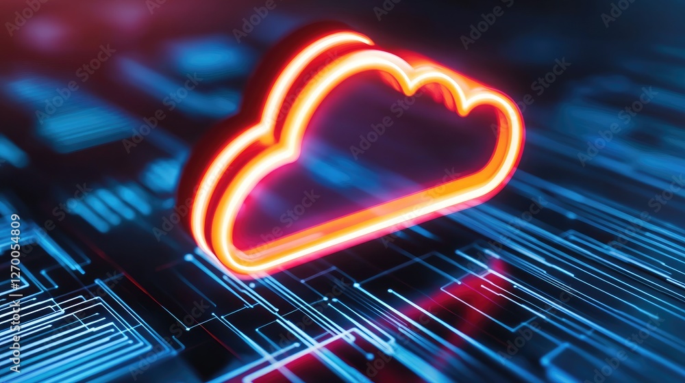 Poster encrypted cloud data transfer with futuristic glowing light trails and cybersecurity visualization.