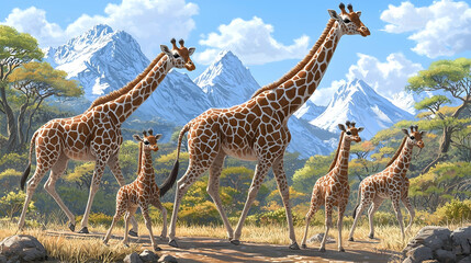 Fototapeta premium Giraffe family walking, African savanna, majestic mountains background, wildlife conservation
